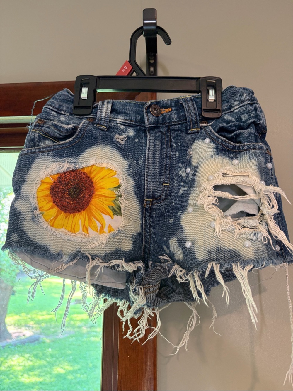 Girls Route 66 Distressed Cutoff Denim Shorts with Yellow Sunflower Patch